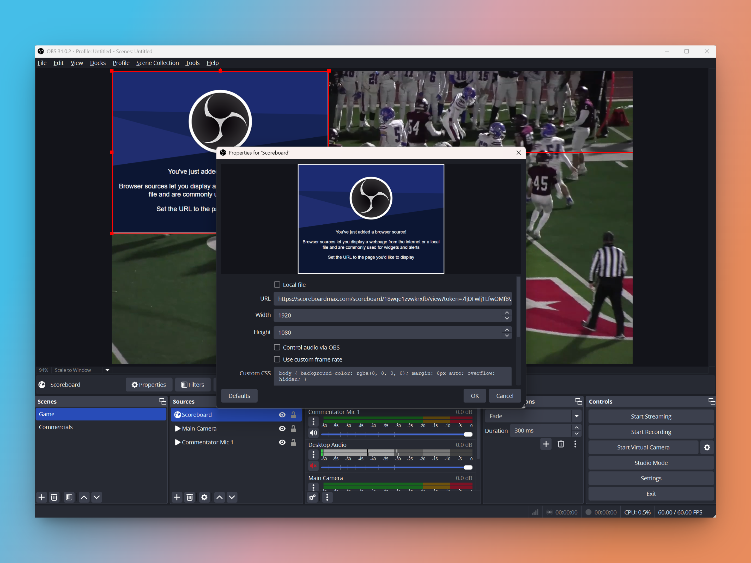 Configuring the browser source in OBS