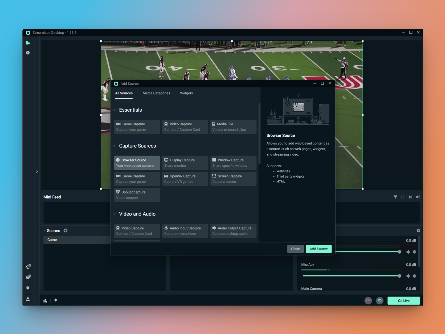 Adding a browser source in Streamlabs