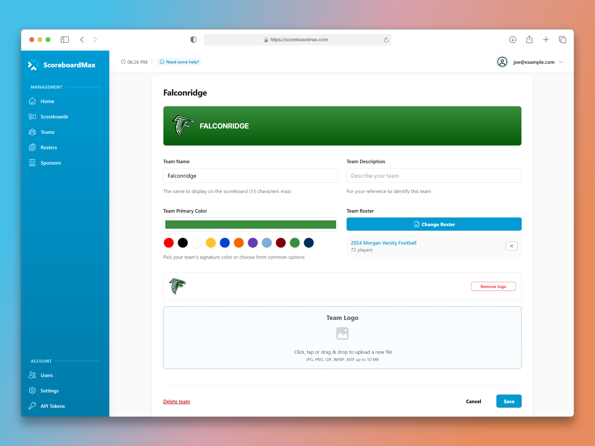 Configuring team details in ScoreboardMax