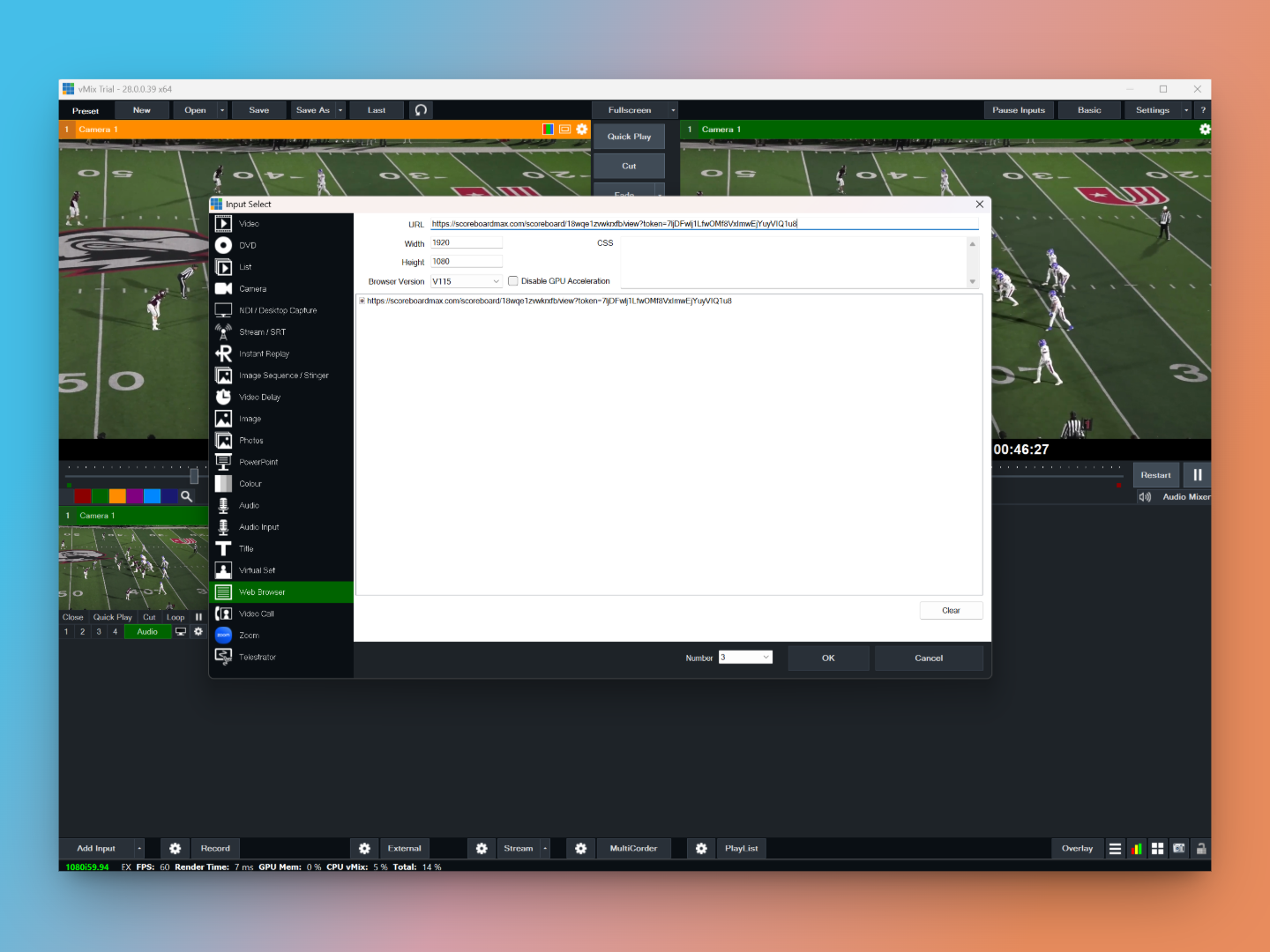 Adding a browser source in vMix